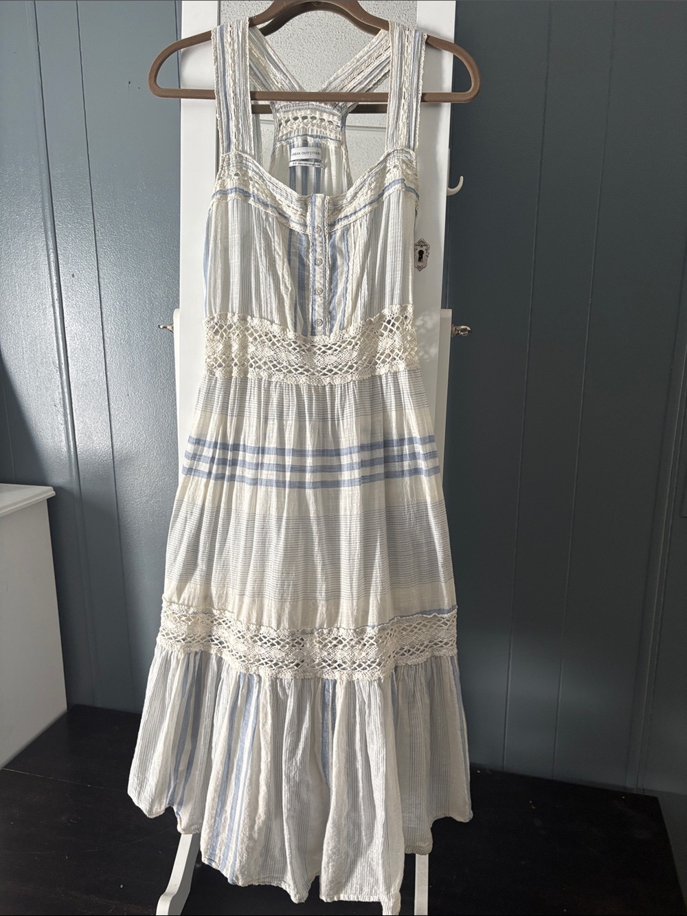Urban Outfitters Cream & Light Blue Striped Crochet Midi Dress